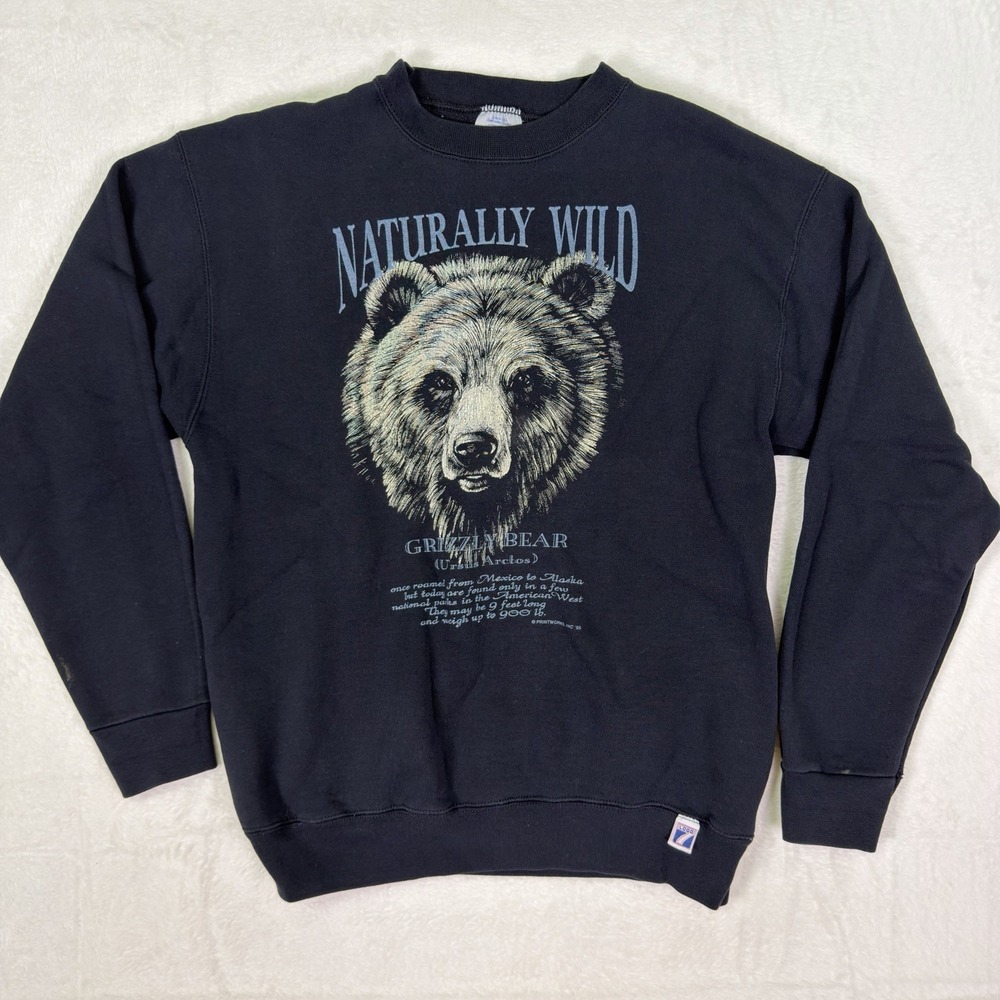 Vintage Logo 7 Sweater Mens Large Black Pullover Grizzly Bear Graphic Made USA